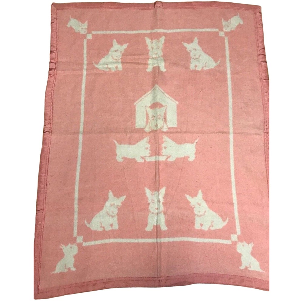 Vintage Baby Girl Blanket Pink White Scotty Dog Terrier 37x49 Flaws Age Wear‎